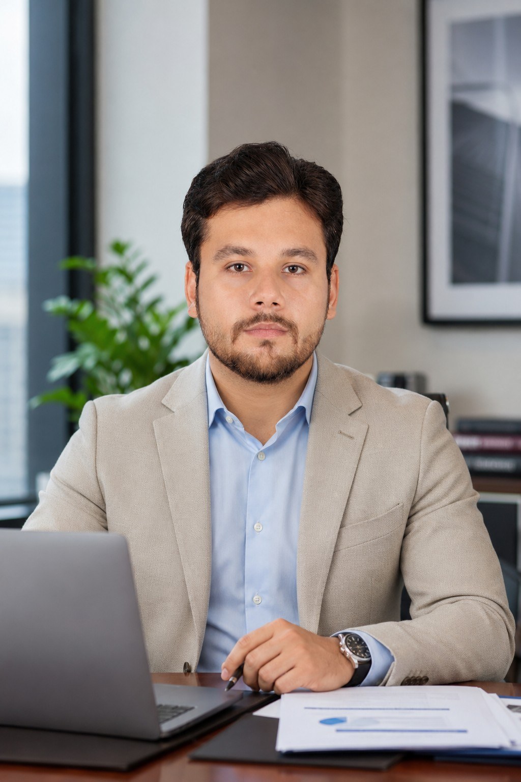 حسین نقوی، ہلکے سرمئی بلیزر اور نیلی قمیص میں